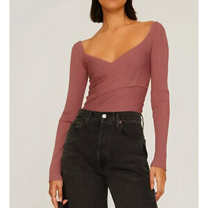 Joe's Jeans Colbie Cross Dusty Rose Long Sleeve Rib Knit Top Women Sz L NWT